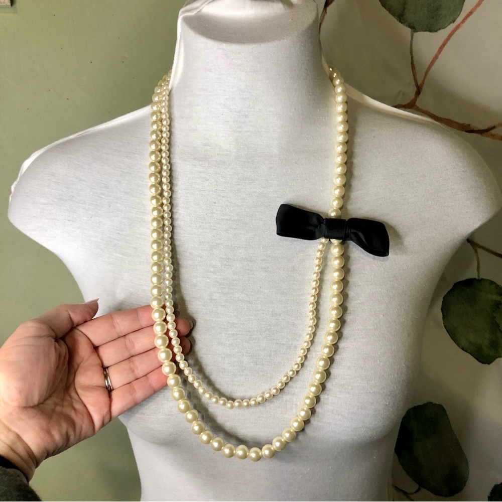 Long Double Strand Pearl Necklace with Black Bow